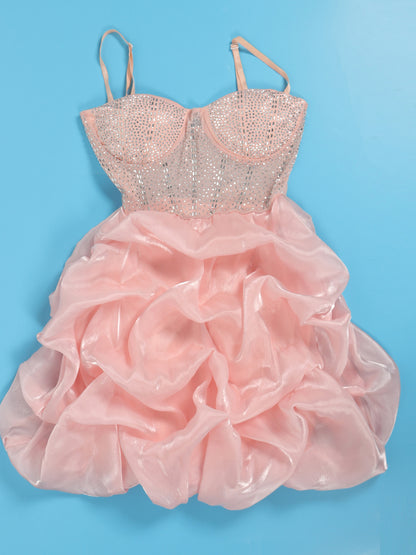 Rhinestone Spaghetti Strap Tulle Layered Dress