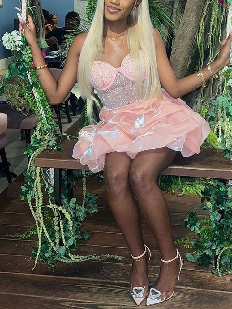 Rhinestone Spaghetti Strap Tulle Layered Dress