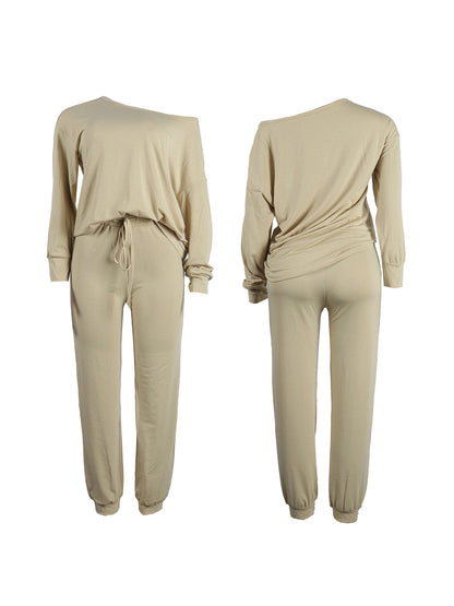 Conjuntos de sudadera con hombros descubiertos de color sólido de dos piezas 