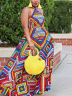 Colorful Print Halter Neck Backless Maxi Dress