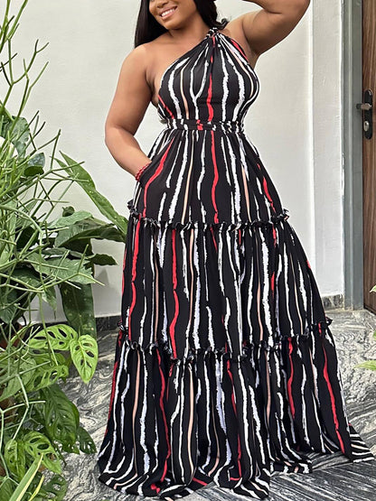 One-Shoulder Striped  Backless Maxi Dress