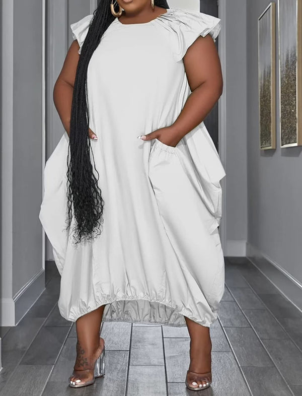 Plus Size Solid Color Ruffle Sleeve Maxi Dress