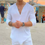 Mens Cotton Linen V-Neck Shirt