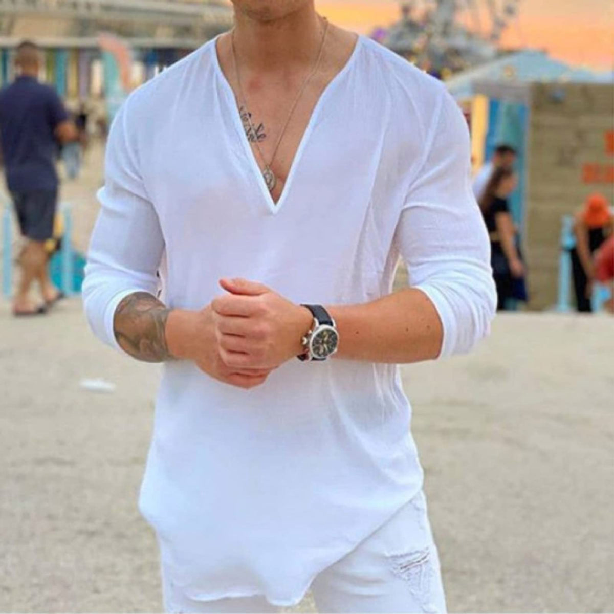 Mens Cotton Linen V-Neck Shirt