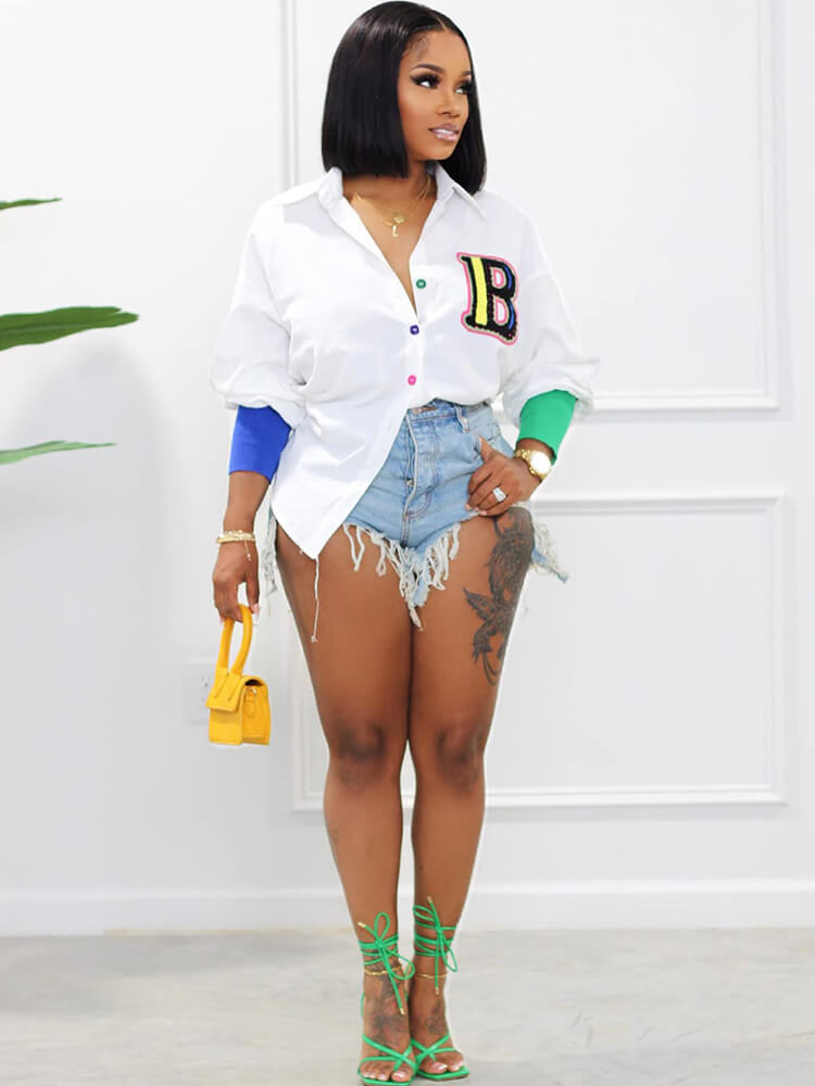 Color Block Letter Embroidery Button Down Shirts