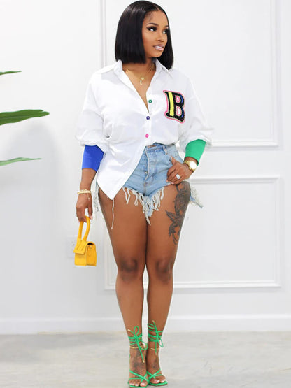 Color Block Letter Embroidery Button Down Shirts