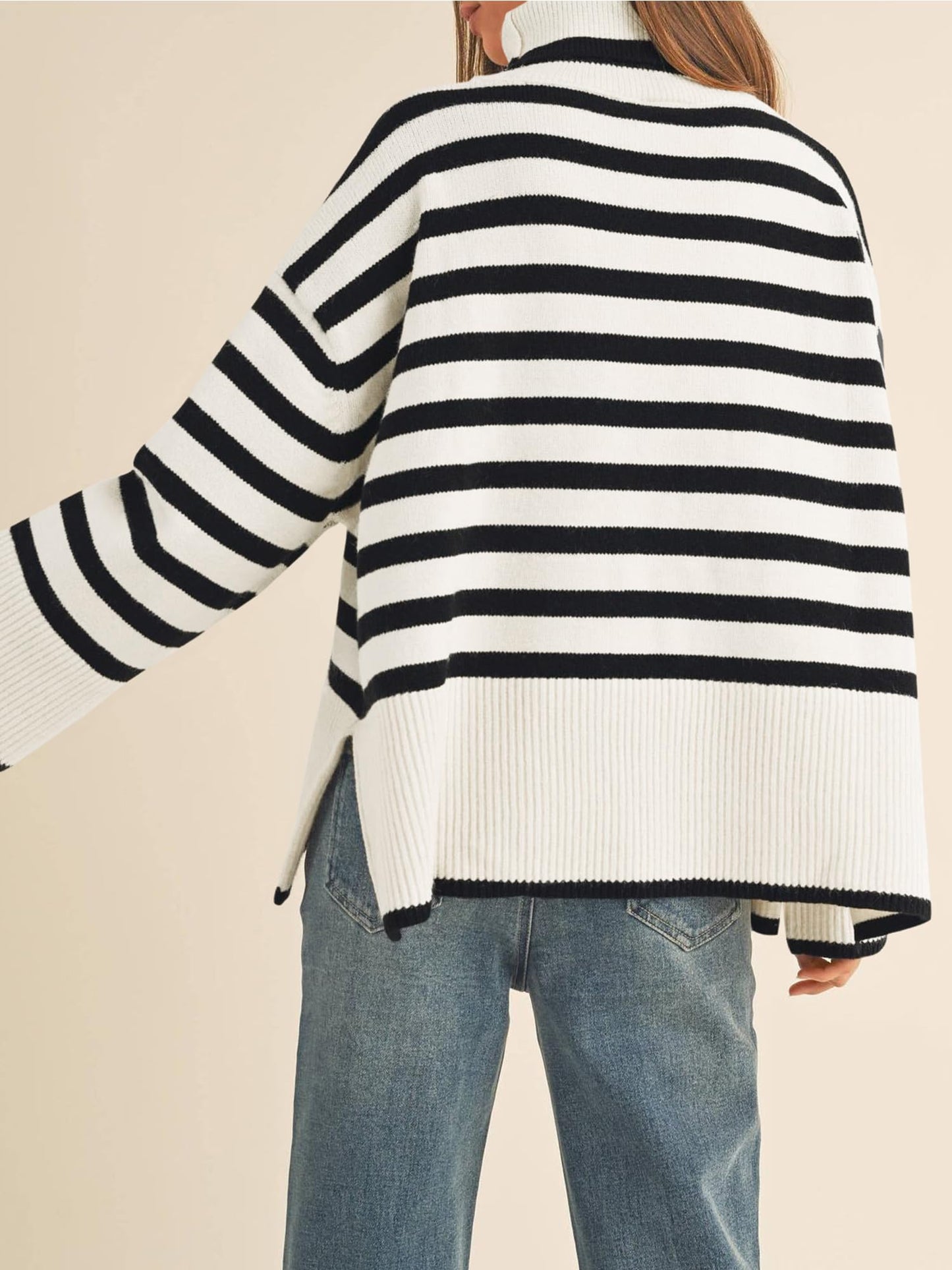 Long Sleeve Turtle Neck Striped Knit Top