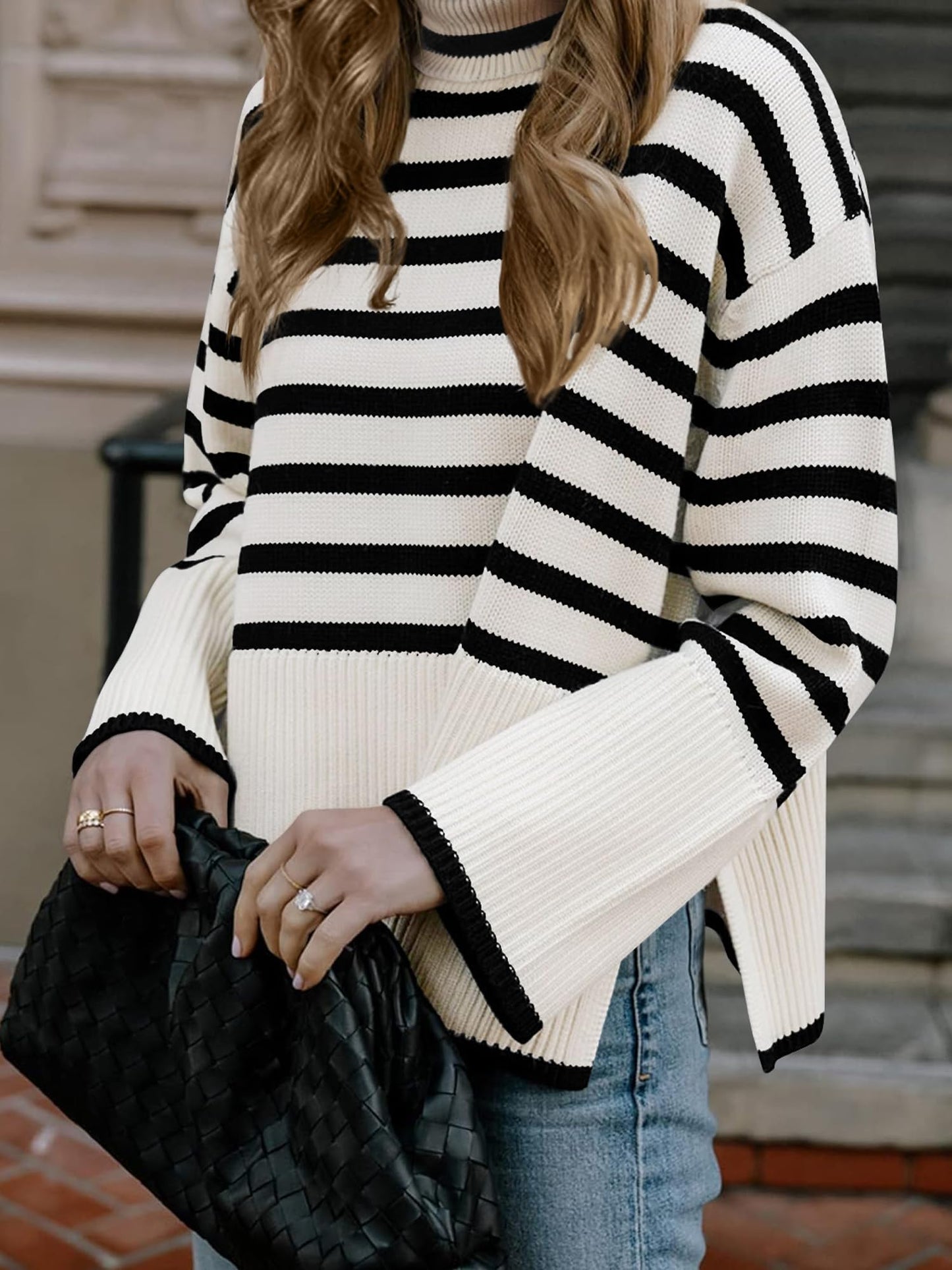 Long Sleeve Turtle Neck Striped Knit Top