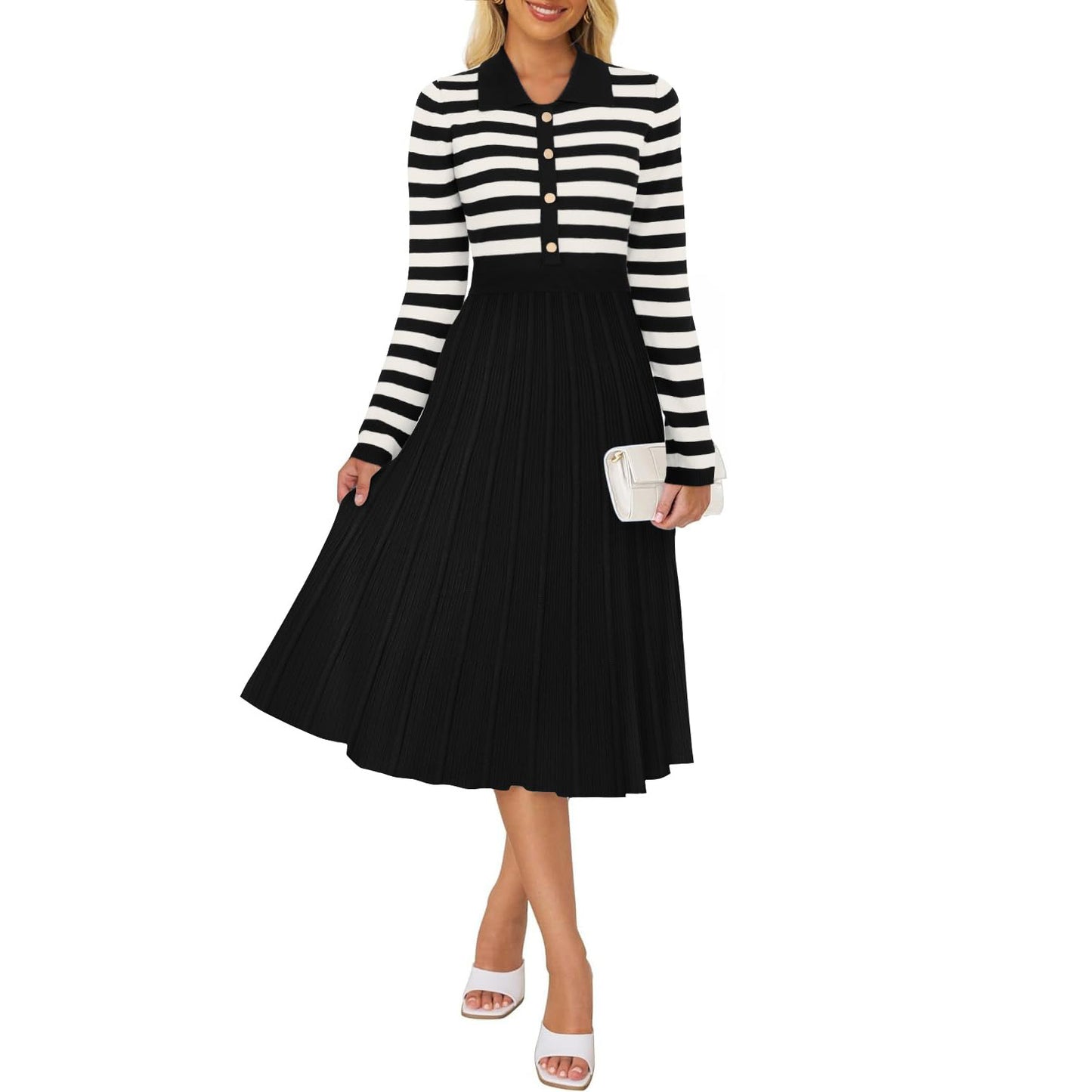 Striped Long Sleeve Button Ribbed Knit Dresses