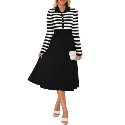 Striped Long Sleeve Button Ribbed Knit Dresses
