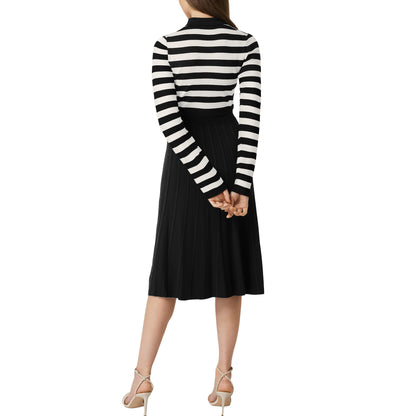 Striped Long Sleeve Button Ribbed Knit Dresses
