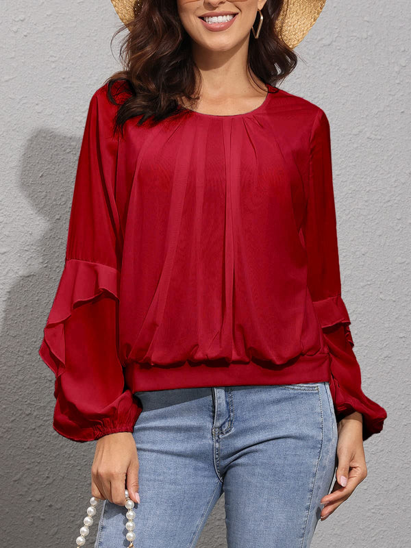 Ruffles Long Sleeve Pleated Crew Neck Tops