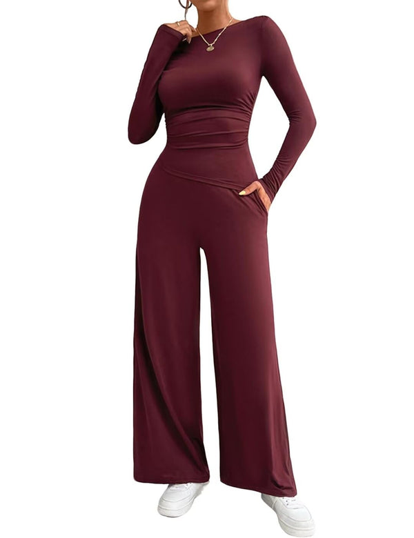 Two Piece Asymmetrical Ruched Top & Wide Leg Pants