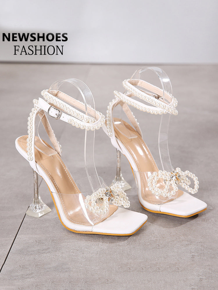 Sandalias de tacón con lazo y diamantes de imitación de perlas 