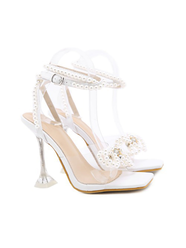 Sandalias de tacón con lazo y diamantes de imitación de perlas 