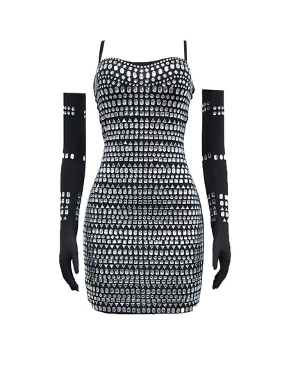 Rhinestone Spaghetti Strap Dress with Gloves