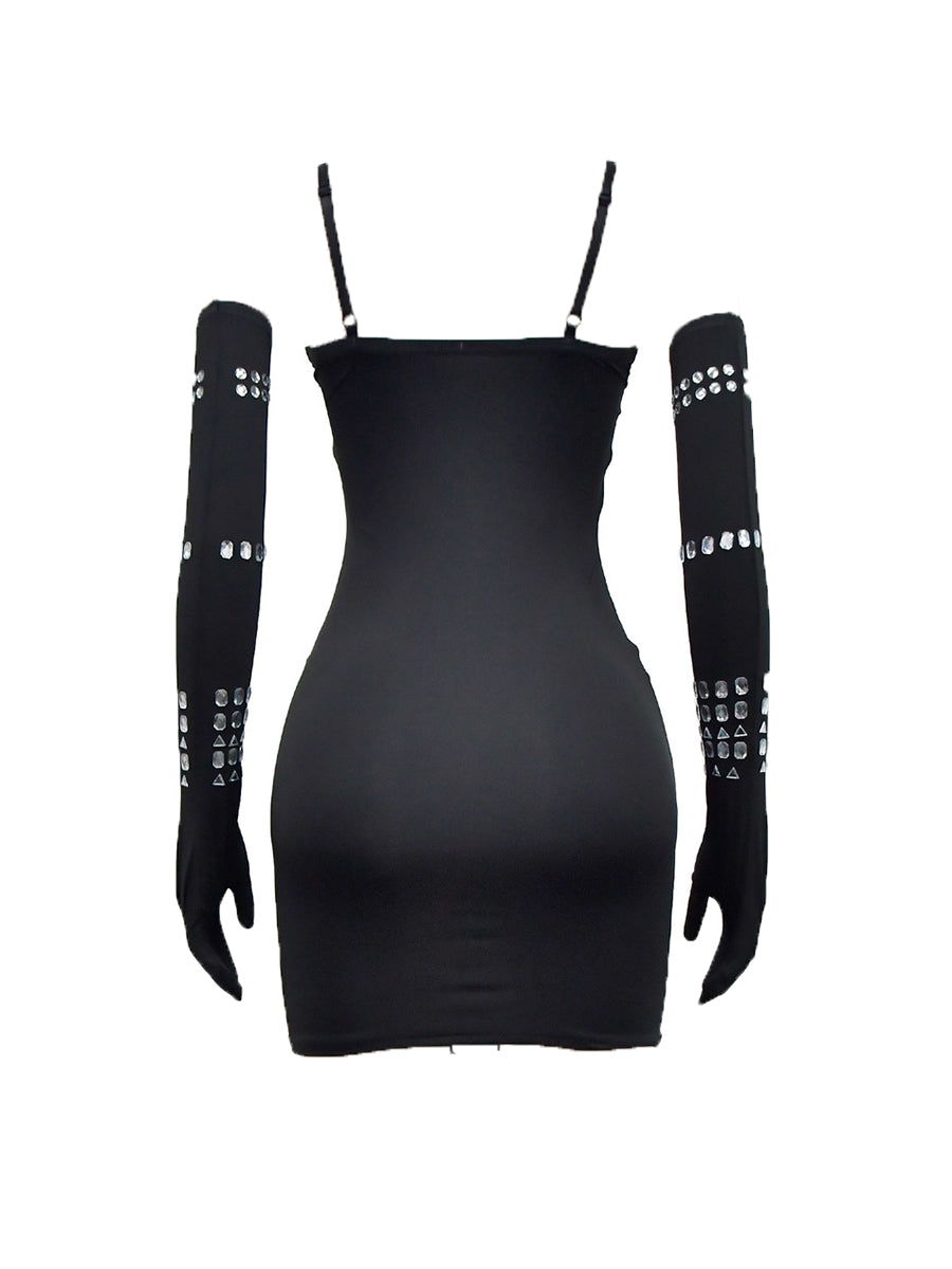 Rhinestone Spaghetti Strap Dress with Gloves