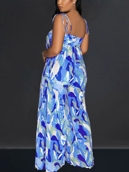 Mono estampado de pierna ancha plisado con tirantes 