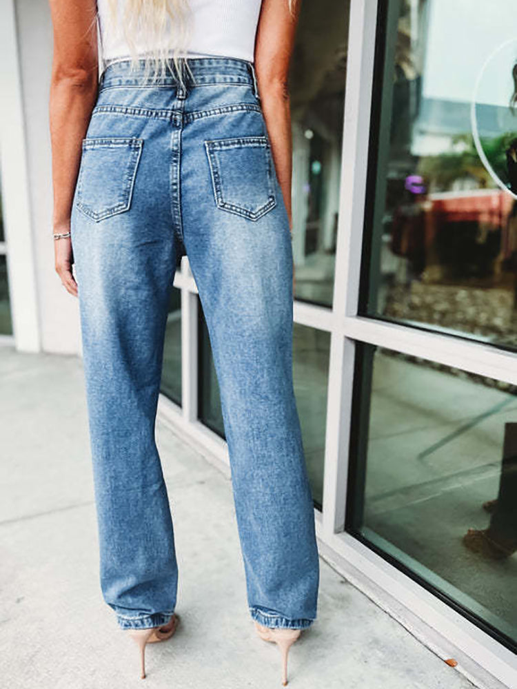 Vaqueros de pernera recta con cadena de diamantes de imitación desgastados 