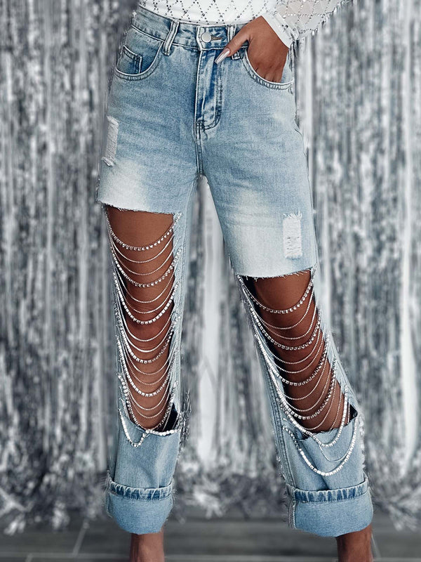 Distressed Rhinestone Chain Straight Leg Jeans