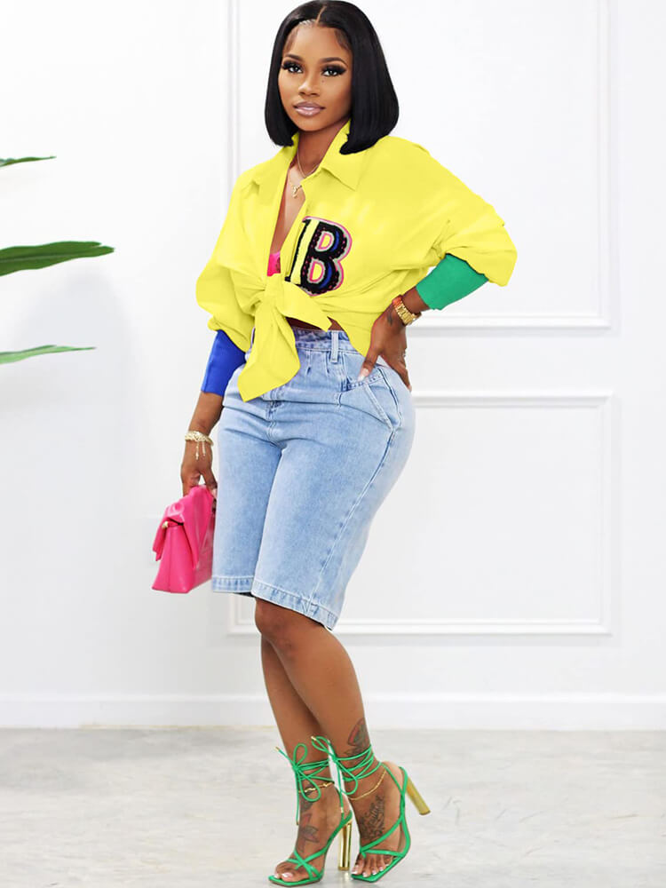 Color Block Letter Embroidery Button Down Shirts