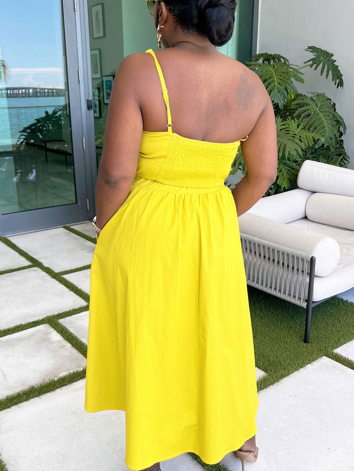 One-Shoulder Ruched Petal Cutout Dress