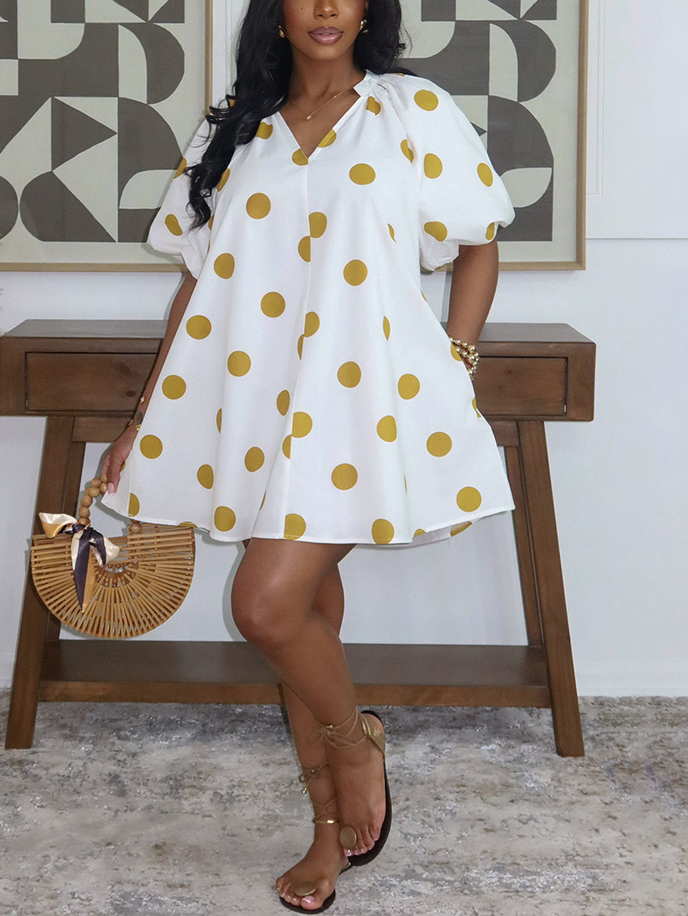 V Neck Stripe Puff Sleeve Mini Dress