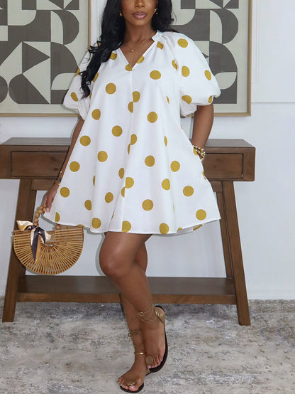 V Neck Stripe Puff Sleeve Mini Dress
