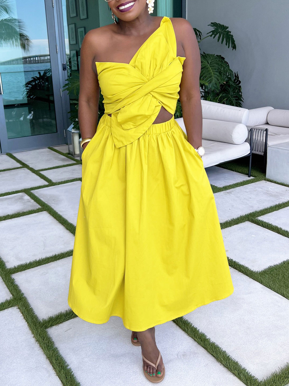 One-Shoulder Ruched Petal Cutout Dress