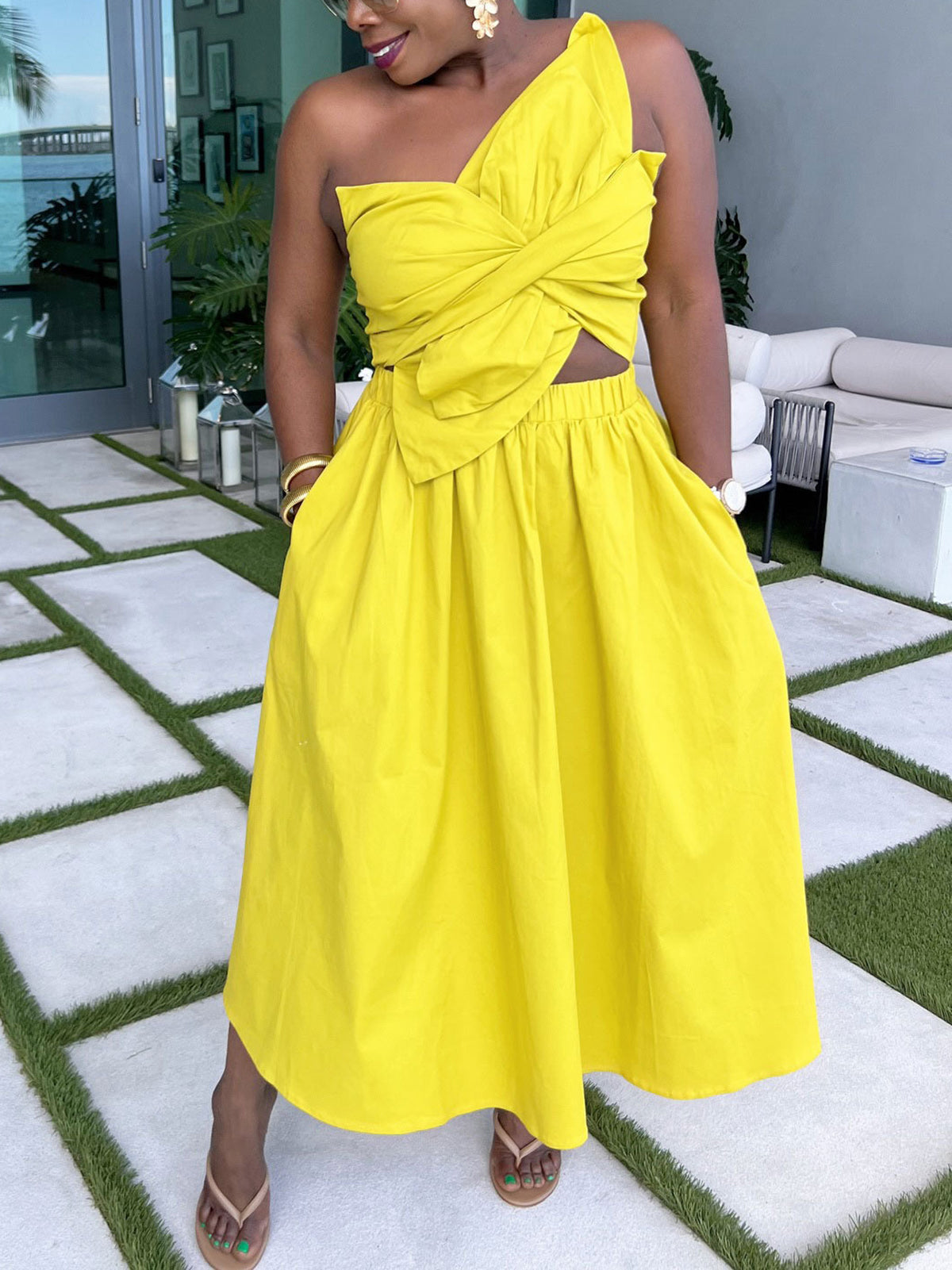 One-Shoulder Ruched Petal Cutout Dress