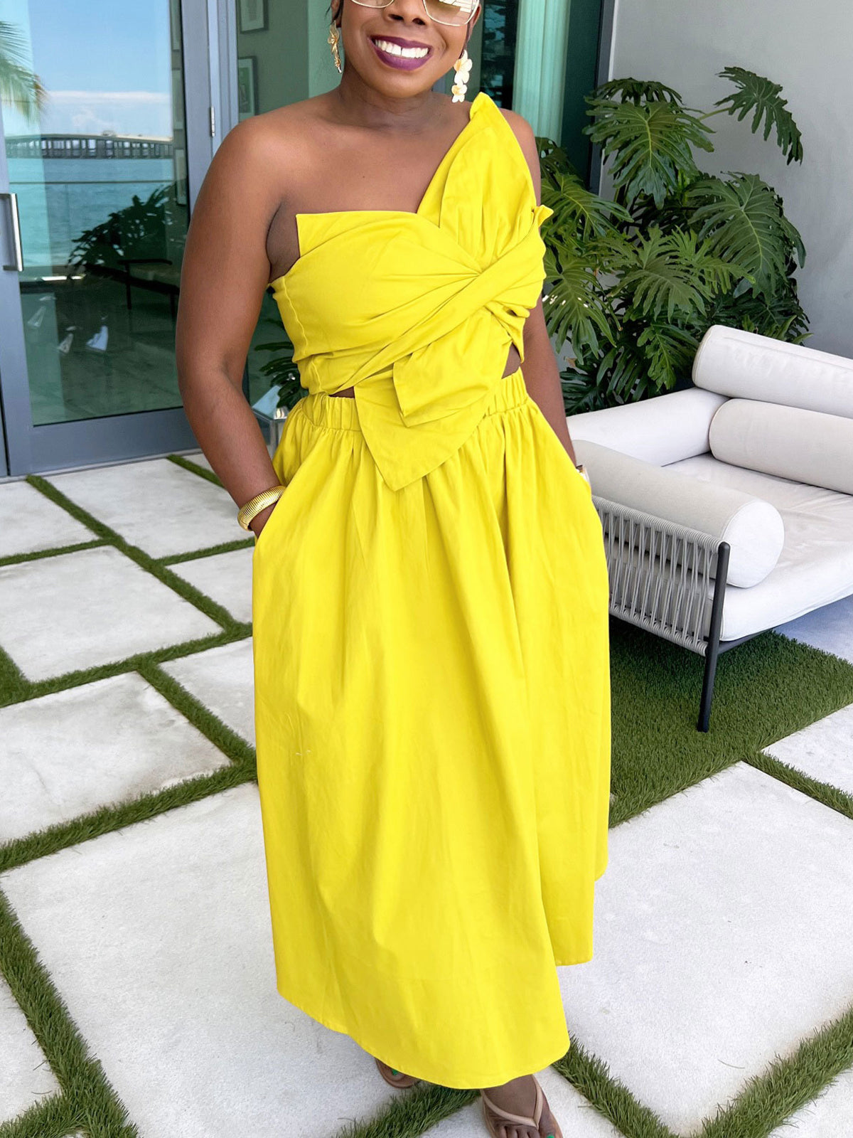 One-Shoulder Ruched Petal Cutout Dress