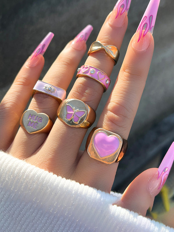 Heart Pink Butterfly Ring Set