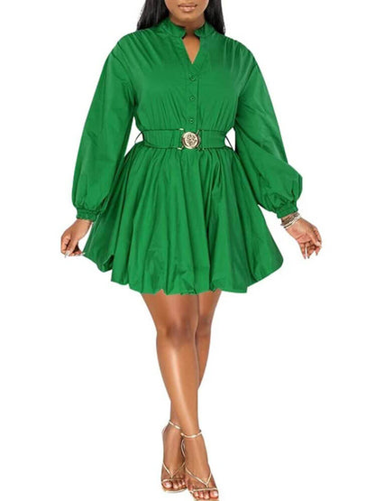 Stand Neck Puff Sleeve Belt Waist Mini Dress