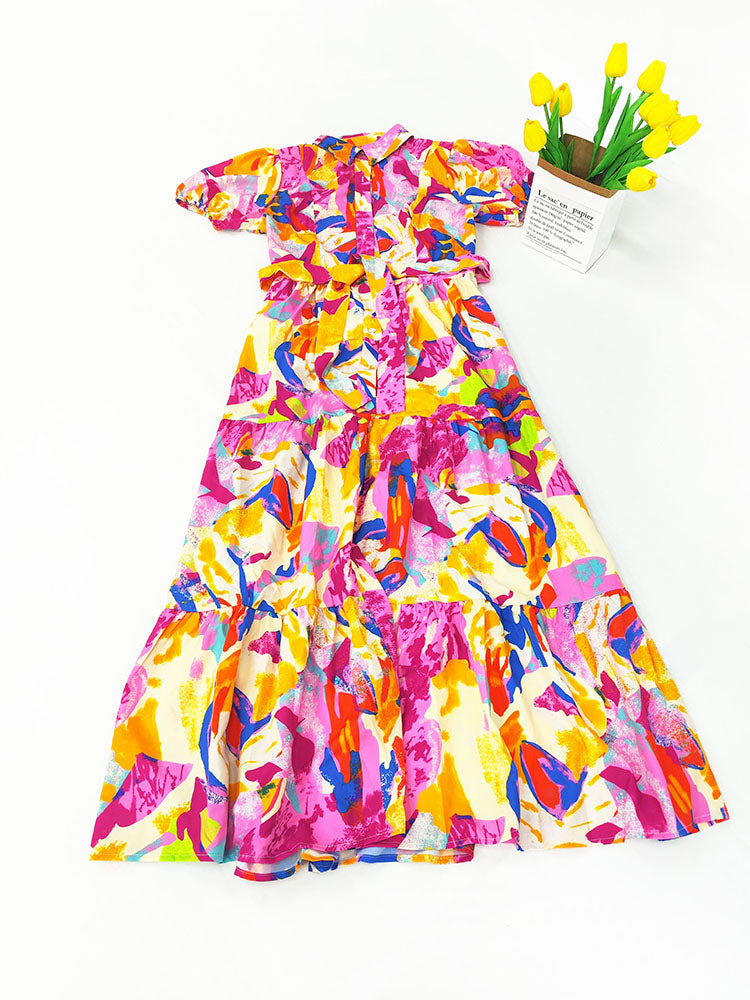 Short Lantern Sleeve Floral Print Midi Dress