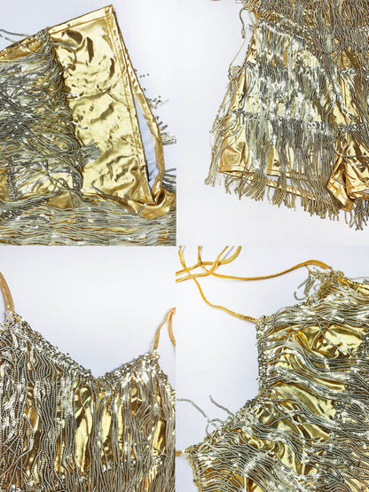 Halter Neck Sleeveless Sequin Tassel Romper