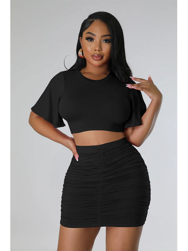 Two Piece Short Sleeve Crop Top & Ruched Skirt