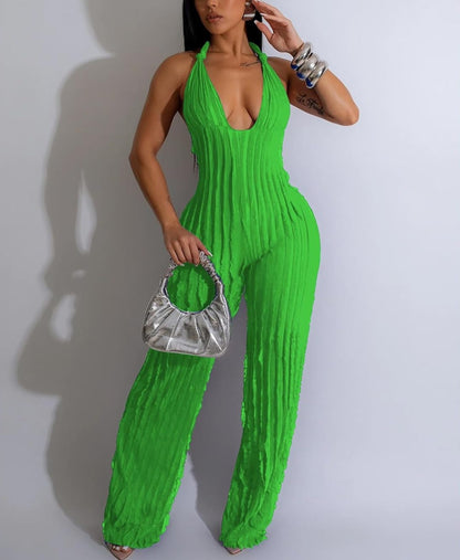 V Neck Pleated Halter Wide Leg Jumpsuit
