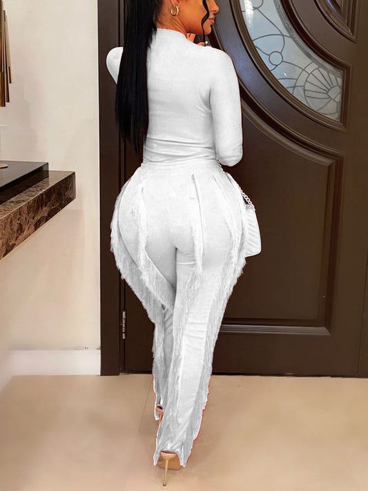 Tops de dos piezas de manga larga y pantalones con borlas