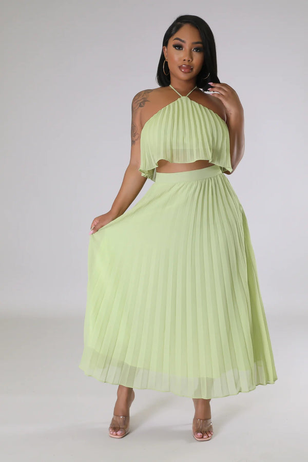 Two Piece Halter Neck Pleated Crop Top & Maxi Skirt