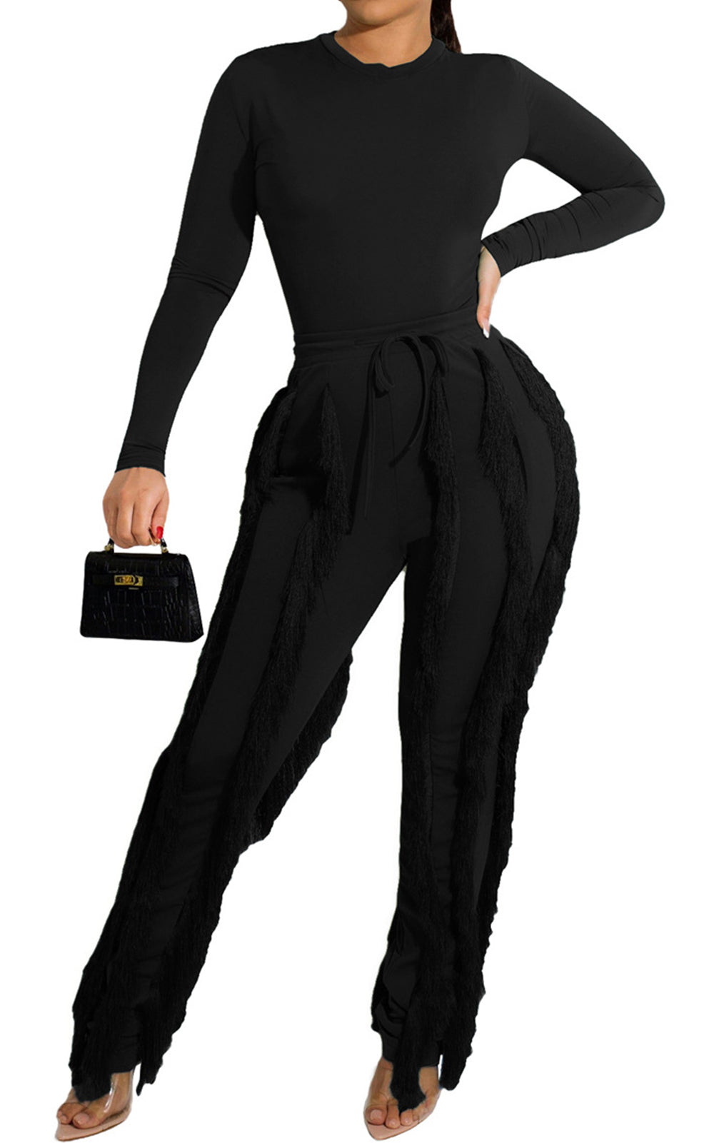 Tops de dos piezas de manga larga y pantalones con borlas