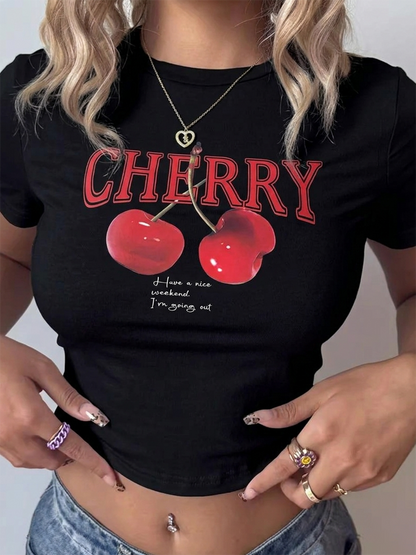 Cherry Print Y2K Crop Baby Tee
