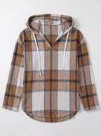 Plaid Drawstring Hooded Pullover Top