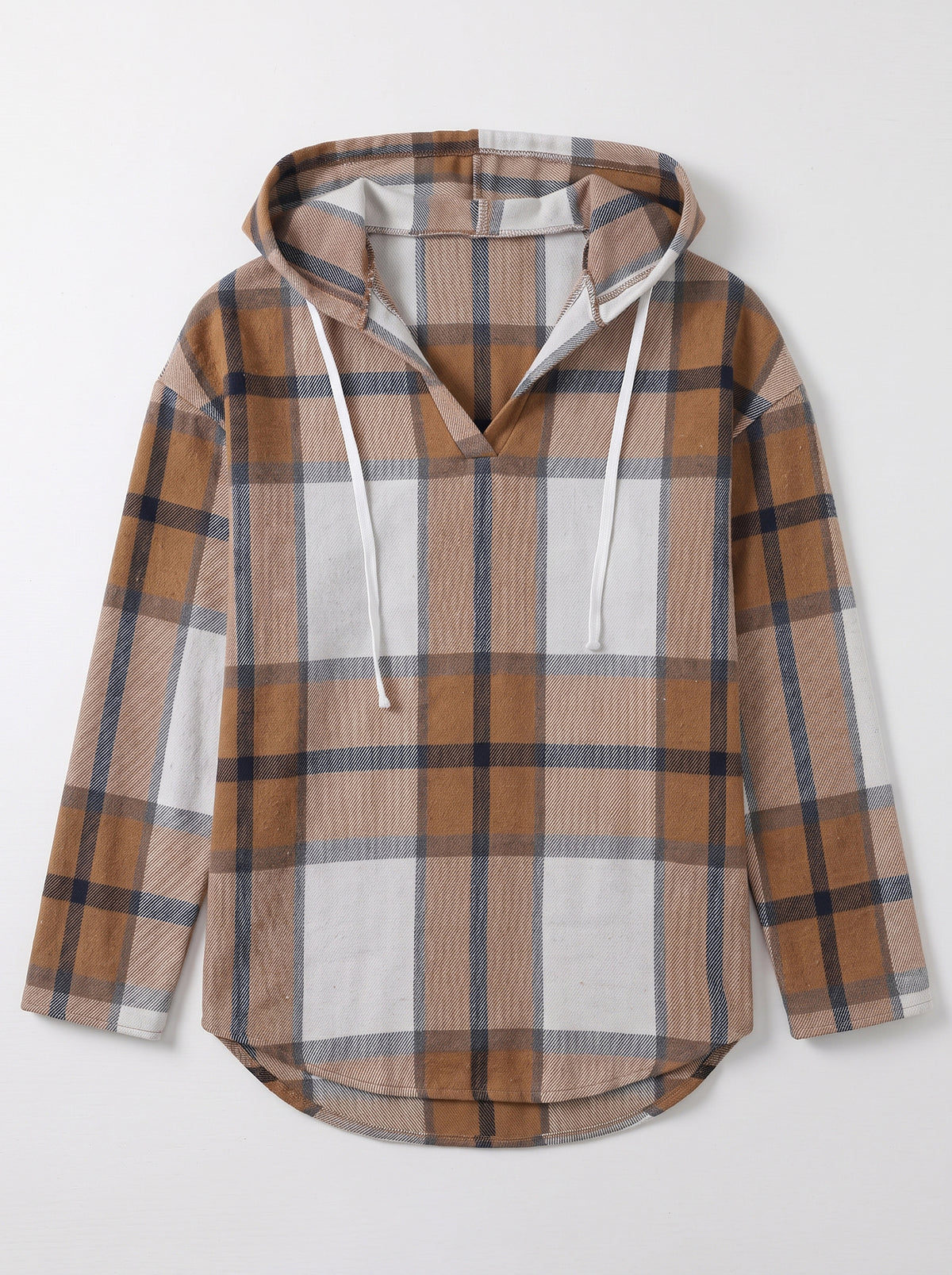 Plaid Drawstring Hooded Pullover Top