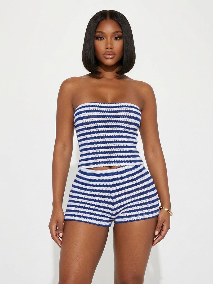 Stripe Tube Crop Top Shorts Set