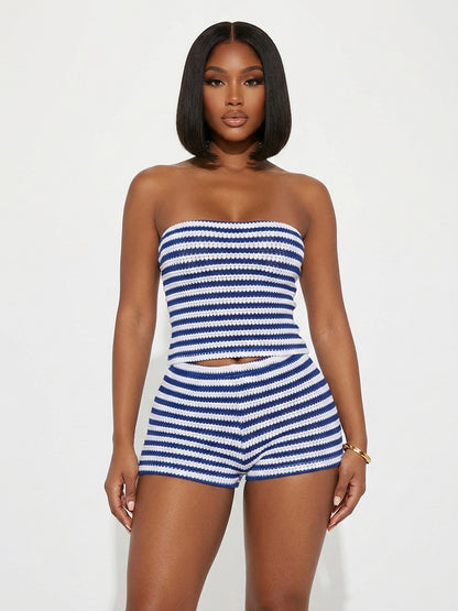 Stripe Tube Crop Top Shorts Set