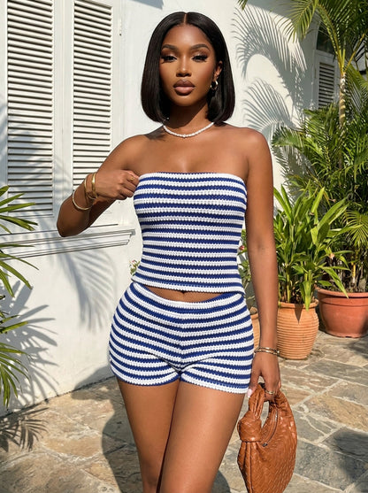 Stripe Tube Crop Top Shorts Set