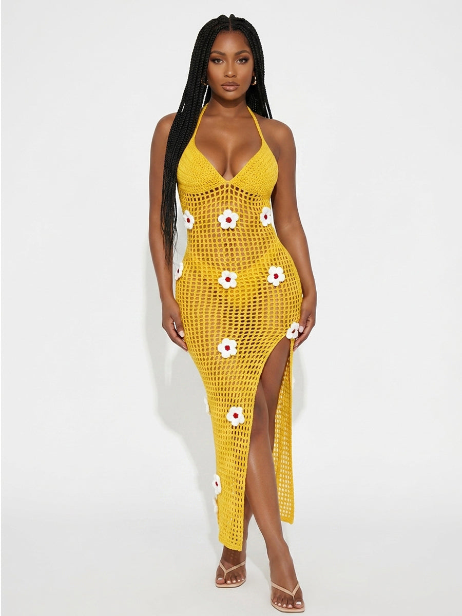 Crochet Flower Halter Backless Dress
