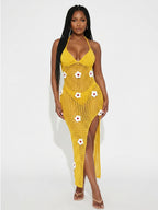 Crochet Flower Halter Backless Dress