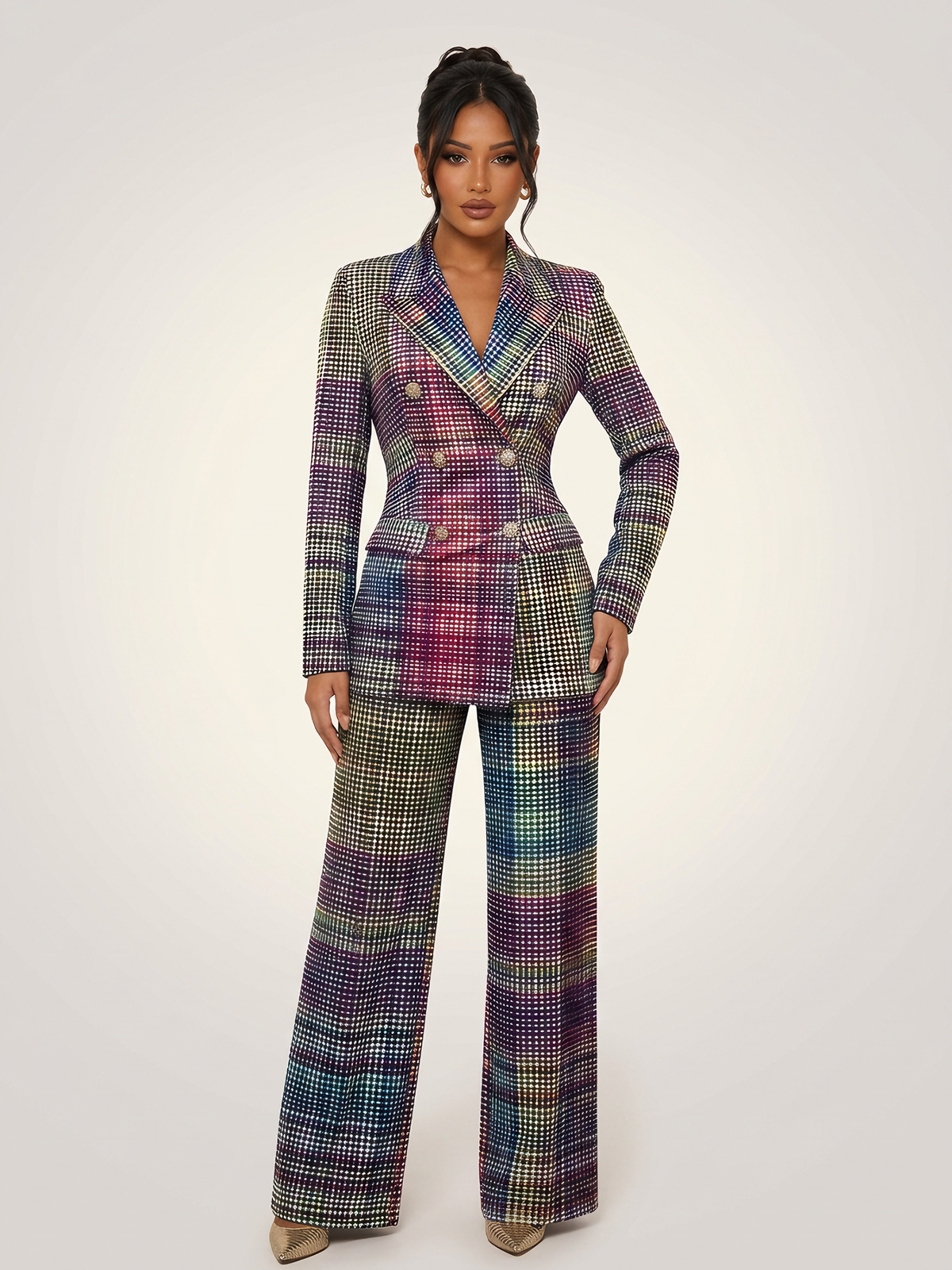 Plaid Long Sleeve Blazer Pants Suit