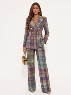 Plaid Long Sleeve Blazer Pants Suit